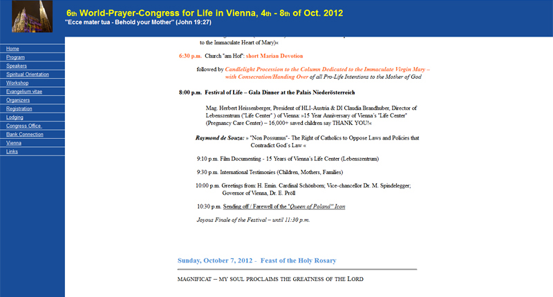 Gebetskongress-Programm von Human Life International am Donnerstag, 
6.9.2012 um 13.20 Uhr. Michael Spindelegger und Erwin Pröll werden 
angekündigt.