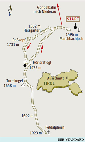 Gesamtgehzeit 6 Stunden, Höhendifferenz fast 1000 m. Holzalm in der
Saison geöffnet, Gaststätten bei der Bergstation. Die Gondelbahn ist
bis zum 14. Oktober täglich zwischen 9 und 12 sowie zwischen 13 und 17
Uhr in Betrieb. ÖK25V Blatt 3213-West (Wörgl) und 3219-West (Gerlos),
Maßstab 1:25.000; Wanderkarte Wild schönau, Maßstab 1:35.000
Info: TVB Wildschönau, Kitzbühel Gesamtgehzeit 6 Stunden, Höhendifferenz fast 1000 m. Holzalm in der
Saison geöffnet, Gaststätten bei der Bergstation. Die Gondelbahn ist
bis zum 14. Oktober täglich zwischen 9 und 12 sowie zwischen 13 und 17
Uhr in Betrieb. ÖK25V Blatt 3213-West (Wörgl) und 3219-West (Gerlos),
Maßstab 1:25.000; Wanderkarte Wild schönau, Maßstab 1:35.000
Info: TVB Wildschönau, Kitzbühel