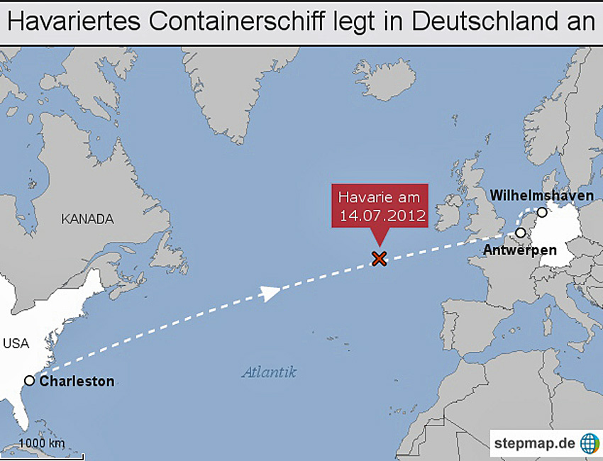 Der havarierte Frachter musste einen weiten Weg zurücklegen, ehe er in einem Hafen landen konnte.