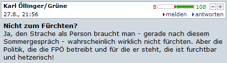 Das beliebteste Posting: Karl Öllinger (Grüne) mit 108 Grün-Bewertungen.