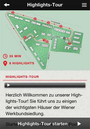 Die iPhone-App der Werkbundsiedlung, mit "Highlights-Tour", Audio-Guide und ... Die iPhone-App der Werkbundsiedlung, mit "Highlights-Tour", Audio-Guide und ...