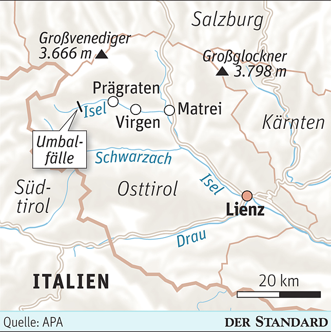 Die obere Isel in Osttirol soll für das umstrittene Kraftwerk bei den 
Umbalfällen mit Stollen und einem Speichersee verbaut werden.