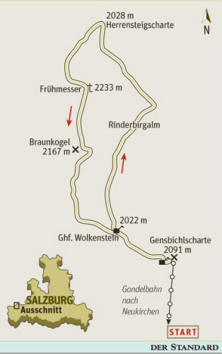 Gesamtgehzeit 3¼ bis 3½ Stunden, Höhendifferenz 300 m. Kein
Stützpunkt auf der Runde, Restaurant bei der Bergstation. Die
Wildkogelbahn ist bei Schönwetter bis 14. Oktober 2012 täglich in
Betrieb.
ÖK25V Blatt 3219-Ost (Neukirchen am Großvenediger), Maßstab 1:25.000 Gesamtgehzeit 3¼ bis 3½ Stunden, Höhendifferenz 300 m. Kein
Stützpunkt auf der Runde, Restaurant bei der Bergstation. Die
Wildkogelbahn ist bei Schönwetter bis 14. Oktober 2012 täglich in
Betrieb.
ÖK25V Blatt 3219-Ost (Neukirchen am Großvenediger), Maßstab 1:25.000