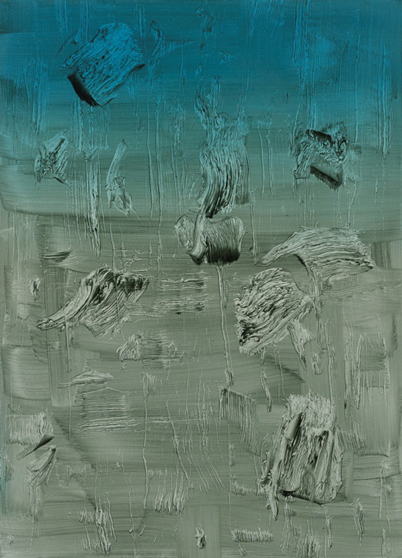 Eine surreale, menschen-leere Landschaft, in der das mit dem Pinsel 
weggenommene Kolorit Tunnel in andere Bildebenen öffnet: Arbeit ohne 
Titel (2012) von Florin Kompatscher. 