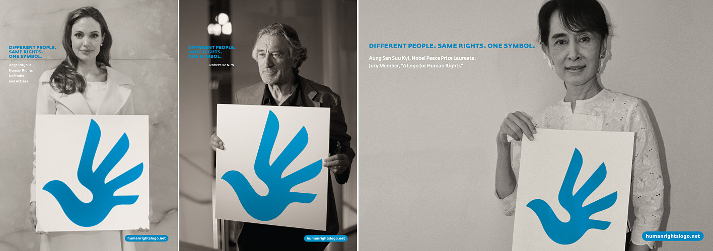 Die internationale Initiative "A Logo for Human Rights" wurde über die Kreativplattform Jovoto abgewickelt. Angelina Jolie, Robert De Niro und Aung San Suu Kyi (und andere) saßen in der Jury und präsentieren auf Postern das neue Symbol für Menschenrechte.