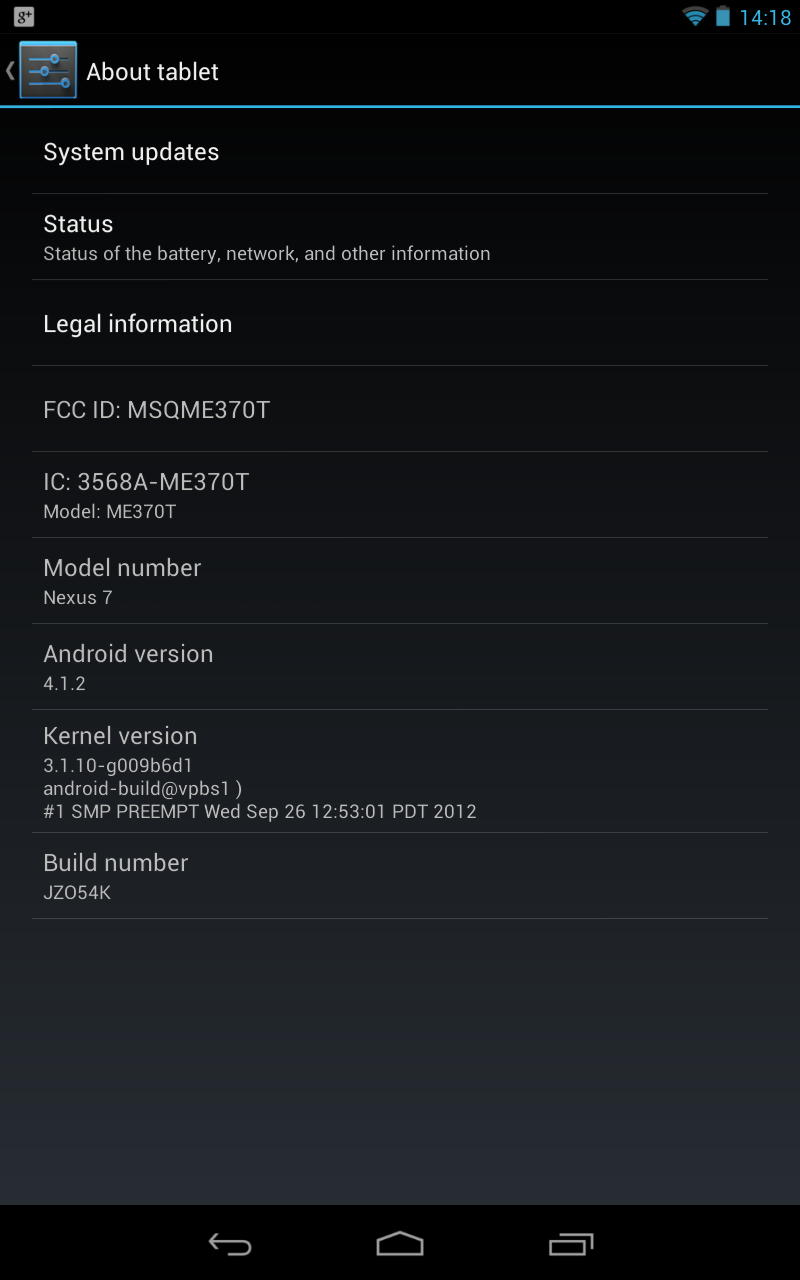 Die Build-Informationen von Android 4.1.2 am Nexus 7.