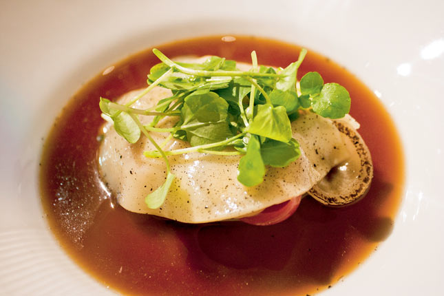 Aromatischer Pilzjus mit Kalbswange, Zwiebel, "sea fog" (Käse) und Waldsauerklee. 