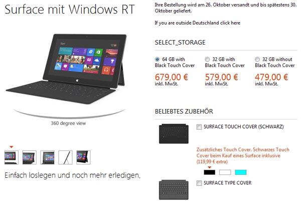 Nun auch im deutschen Microsoft Store: Das Surface RT.