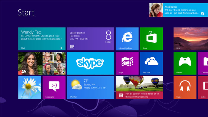 Skype wird als Live-Kachel am Homescreen von Windows 8 angepinnt. 
