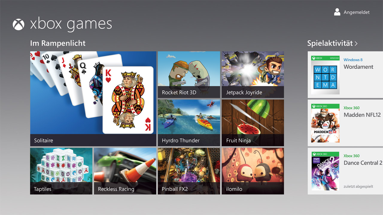 Windows 8 wird mit einigen exklusiven Games ausgeliefert. Über den 
Windows Store sind auch einige Portierungen von Xbox-Spielen erhältlich.
 