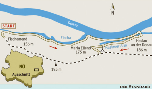 Gesamtgehzeit 3½ Stunden, Höhendifferenz rund 30 m. Kein Stützpunkt an der Strecke, Gaststätten in Maria Ellend. ÖK25
 V Blatt 5326-Ost (Fischamend) und 5327-West (Bruck an der Leitha), 
Maßstab 1:25.000. Den Wasserstand der Donau findet man im ORF-Teletext 
auf Seite 618.