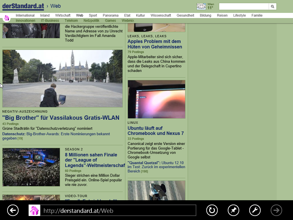 Das "New UI"-Interface des Internet Explorer 10 präsentiert sich äußerst reduziert.