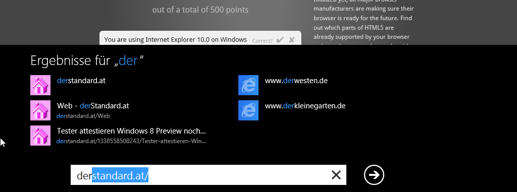 Tippt man dann los, wird eine Suche durch Verlauf und Bookmarks initiiert.