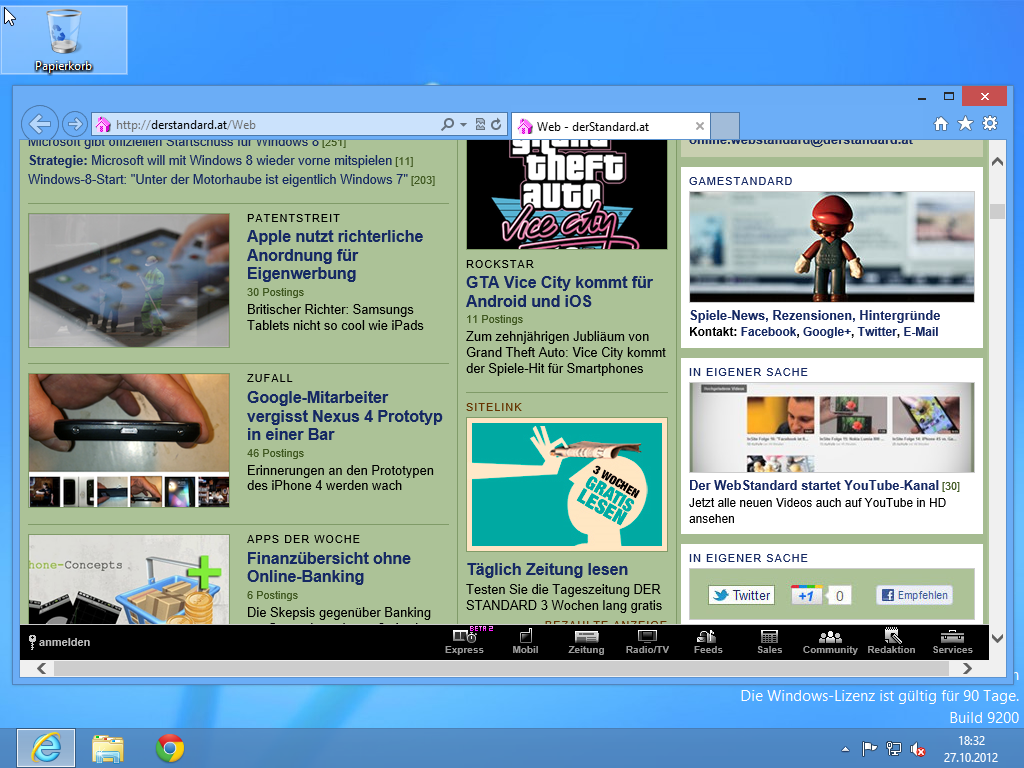 ...in den Desktop-Modus des Browser gewechselt werden, der sich vom IE9 unter Windows 7 nur in kleinen Details unterscheidet.