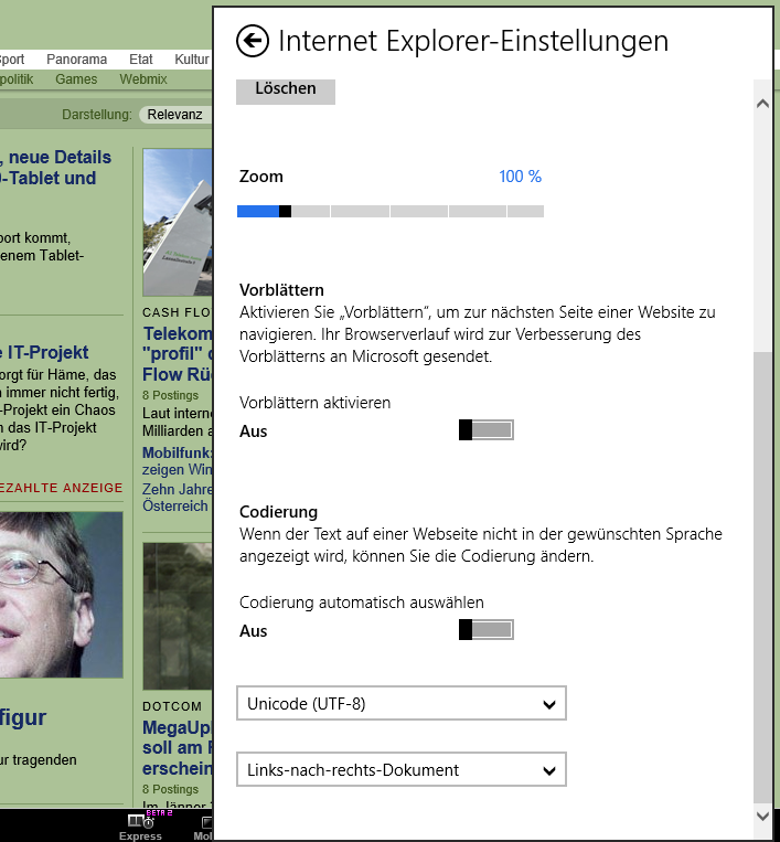 Im "New UI"-Modus werden nur wenige Einstellungsmöglichkeiten dargeboten, immerhin lässt sich hier das nützliche "Vorblättern" aktivieren.