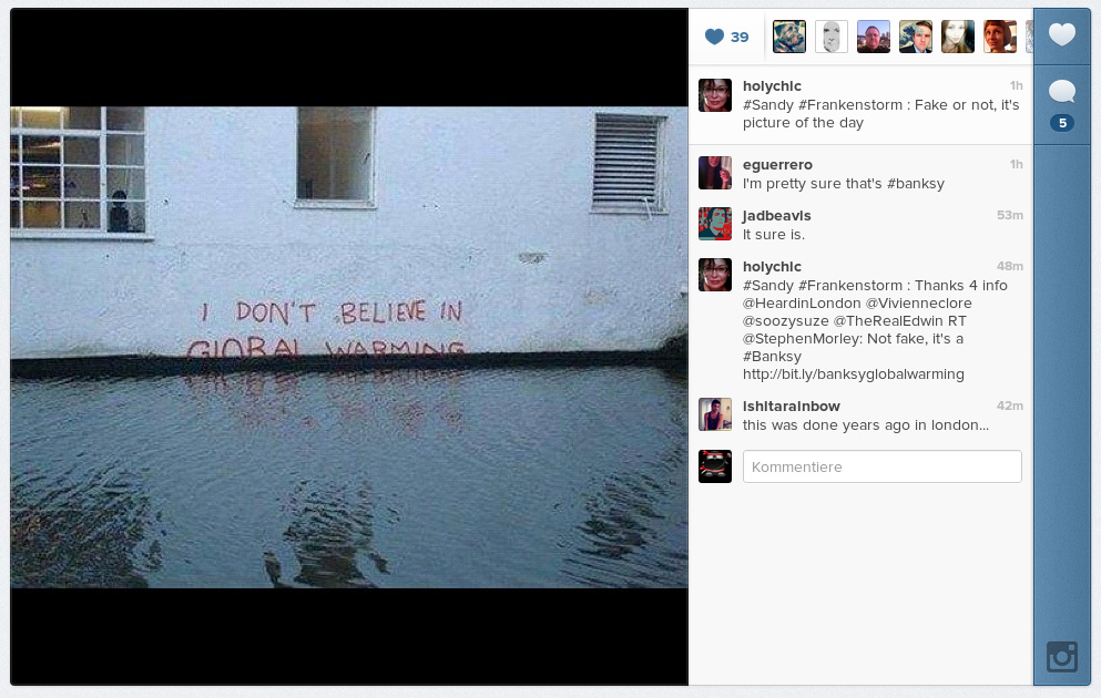 Auf Instagram wird Hurrikan "Sandy" ausführlich dokumentiert, die Echtheit der Bilder ist freilich manchmal etwas fragwürdig ...