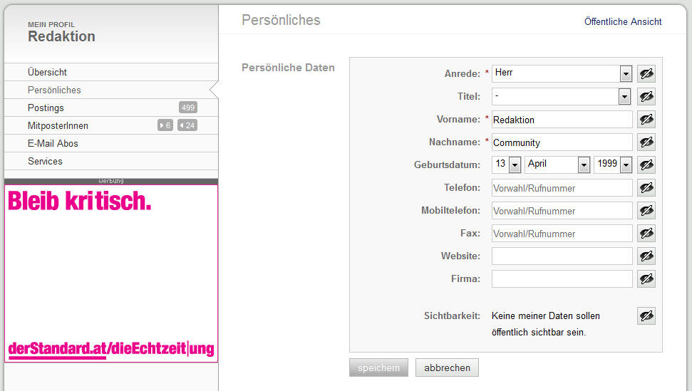 Verwaltung eigener Daten im Profil.