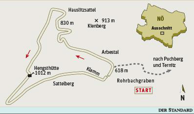 Gesamtgehzeit 3 Stunden, Höhendifferenz rund 400 m. Hengsthütte von 
November bis April an Wochenenden und Feiertagen sowie in den Ferien 
geöffnet. ÖK25V Blatt 4212-Ost (Gloggnitz), Maßstab 1:25.000; Freytag &amp; Berndt Atlas Wiener Hausberge, Maßstab 1:50.000
