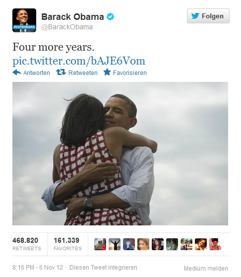 Das erste Foto, das nach Obamas Wahlsieg gepostet wurde, kam über Twitter.