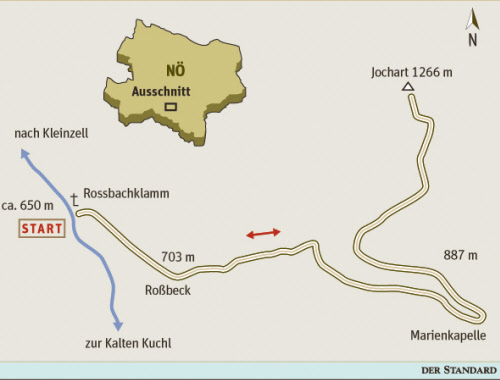 Gesamtgehzeit 5½ Stunden, Höhendifferenz 650 m. Kein Stützpunkt auf 
der Strecke. ÖK25V Blatt 4206-West (Kleinzell), Maßstab 1:25.000; 
Freytag &amp; Berndt Atlas Wiener Hausberge, Maßstab 1:50.000 