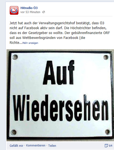 "Auf Wiedersehen": Facebook-Eintrag auf der Ö3-Seite. "Auf Wiedersehen": Facebook-Eintrag auf der Ö3-Seite.
