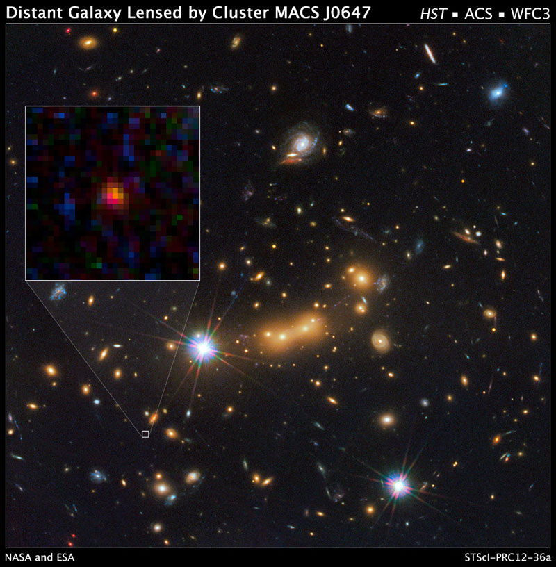 Links hervorgehoben: Die mögliche Uralt-Galaxie MACS0647-JD, deren Licht vom Galaxienhaufen MACS J0647+7015 gebündelt wurde.