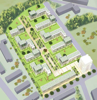 ... sich auf dieser Grafik ganz oben befindet. Auch den hier weiß eingezeichneten Wohnturm an der Südflanke des Wohnparks "Lange Allee" will die Neue Heimat noch bauen. ... sich auf dieser Grafik ganz oben befindet. Auch den hier weiß eingezeichneten Wohnturm an der Südflanke des Wohnparks "Lange Allee" will die Neue Heimat noch bauen.
