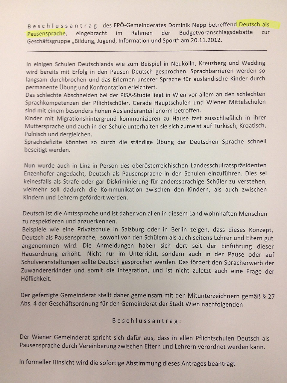 Antrag "Deutsch als Pausensprache"