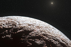 Künstlerischer Blick auf die Oberfläche des aus Methaneis bestehenden
Zwergplaneten Makemake. Künstlerischer Blick auf die Oberfläche des aus Methaneis bestehenden
Zwergplaneten Makemake.