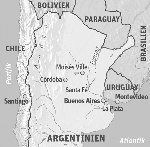 Anreise &amp; Infos
Flüge Wien-Buenos Aires zum Beispiel mit 
Iberia oder Lufthansa. Mit dem Bus von Buenos Aires mit Flecha Bus, 
Tata, El Rápido oder El Pulqui bis Rafaela, weiter mit TA Maipú bis 
Moisés Ville. Weitere Argentinien-Infos: www.welcomeargentina.com