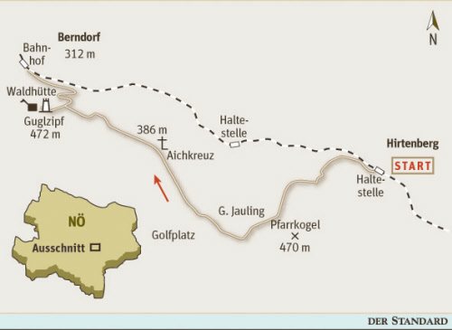 Gesamtgehzeit 3 Stunden, Höhendifferenz rund 350 m. Waldhütte Guglzipf 
(von April bis September Donnerstag geschlossen, sonst Donnerstag und 
Feiertage Ruhetage). ÖK25V Blatt 5201-West (Berndorf), Maßstab 1:25.000;
 Freytag &amp; Berndt Atlas Wiener Hausberge, Maßstab 1:50.000.