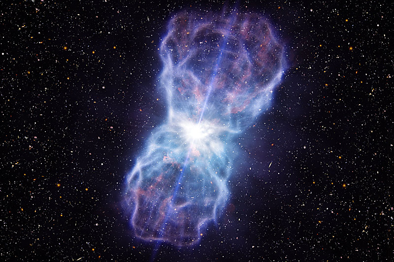 Die Materieflüsse von Quasar SDSS J1106+1939 U enthalten zwei Billionen Mal mehr Energie, als unsere Sonne abstrahlt.