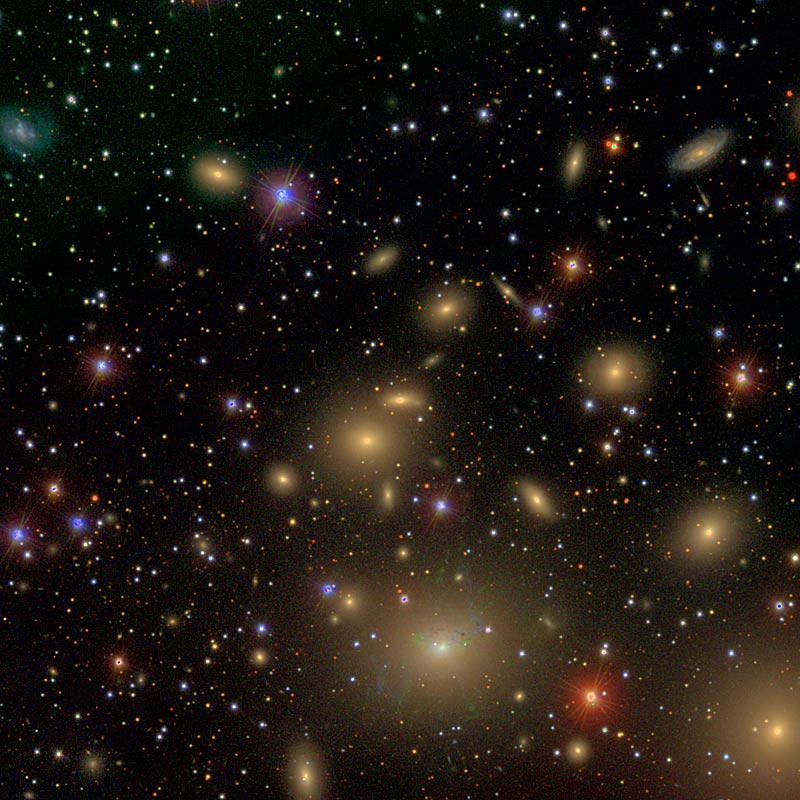 Eingebettet in den Perseushaufen liegt die kompakte kleine Galaxie NGC 1277 (hier im Zentrum des Bildes) - rekordverdächtige 14 Prozent ihrer Gesamtmasse macht ein Schwarzes Loch aus.