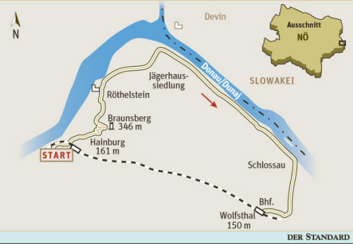 Gesamtgehzeit 3¼ Stunden, Höhendifferenz rund 200 m. Kein Stützpunkt an 
der Strecke. ÖK25V Blatt 5327-Ost (Hainburg an der Donau), Maßstab 1:25.
 000; Freytag &amp; Berndt Wanderatlas Wienerwald, Maßstab 1:50.000