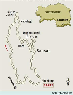 Gesamtgehzeit 3¼ Stunden, Höhendifferenz 400 m. Aussichtswirt in Höch
und einige Buschenschenken. ÖK25V Blatt 4111-West (Arnfels), Maßstab
1:25.000; Wanderkarte Kitzegg-Sausal, Maßstab 1:15.000. Wenn die Warte
nicht offen ist (häufig an Wochenenden), erhält man den Schlüssel beim
Aussichtswirt. Gesamtgehzeit 3¼ Stunden, Höhendifferenz 400 m. Aussichtswirt in Höch
und einige Buschenschenken. ÖK25V Blatt 4111-West (Arnfels), Maßstab
1:25.000; Wanderkarte Kitzegg-Sausal, Maßstab 1:15.000. Wenn die Warte
nicht offen ist (häufig an Wochenenden), erhält man den Schlüssel beim
Aussichtswirt.