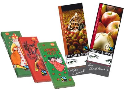 Christbaumbehang kann auch bio und fair sein. Weitere Fairtrade-Schokoladen finden Sie HIER. Christbaumbehang kann auch bio und fair sein. Weitere Fairtrade-Schokoladen finden Sie HIER.