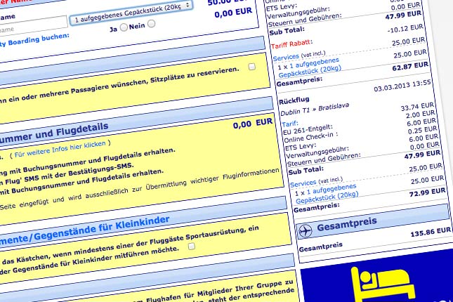 Eine schnelle Testbuchung für eine Person von Bratislava nach Dublin:
Mit Gepäck - 20 Kilo hin und 20 Kilo zurück - werden aus 86 Euro ganz am Anfang des Buchungsprozesses im Handumdrehen 136 Euro.