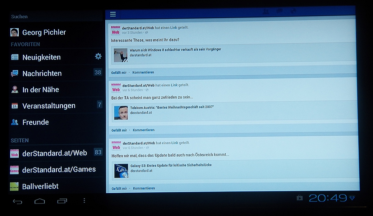 Auch Facebook läuft, der App fehlt es mangels Tablet-optimierter Anischt jedoch an Übersichtlichkeit.