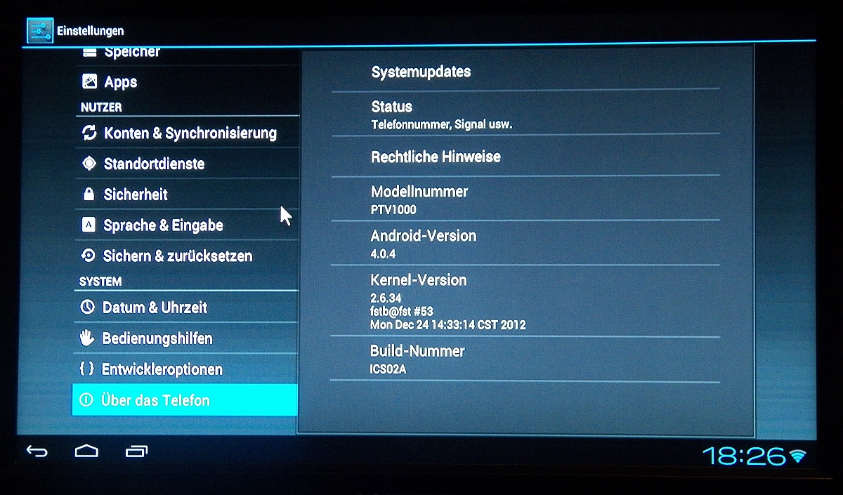 Die aktuelle Firmware liefert Android 4.0.4 auf Basis des Linux-Kernels 2.6.