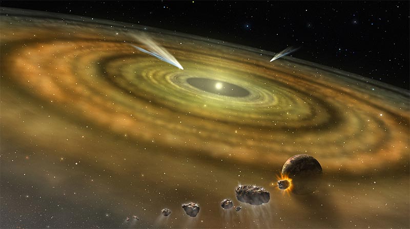 Künsterlische Darstellung eines jungen Sternensystems mit zwei Exokometen. Der US-Astronom Barry Welsh geht davon aus, dass Exokometen in der Milchstraße ebenso häufig sind wie fremde Planeten. 