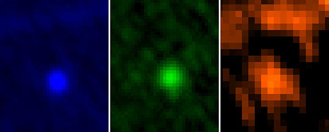 Die Aufnahmen des Herschel-Weltraumteleskops zeigen Apophis am 5. und 6. Jänner im Infrarotlicht der Wellenlängen 70, 100 und 160 Mikrometer.