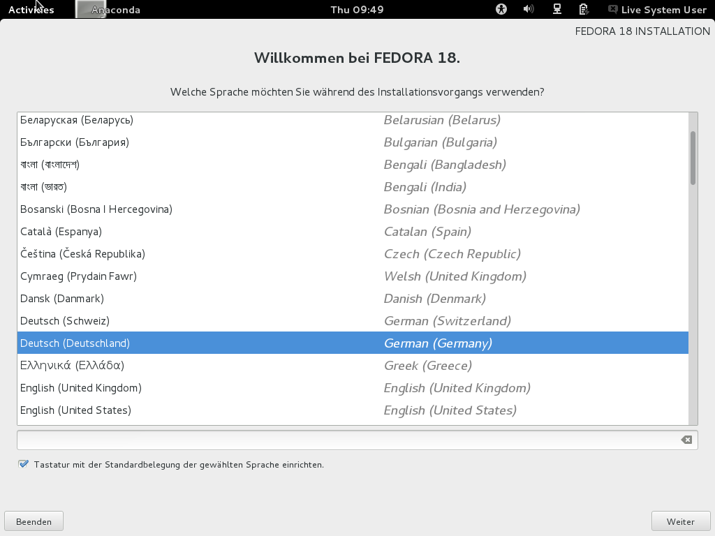 Die wohl auffälligste Änderung in Fedora 18 und gleichzeitig hauptverantwortlich für all die Verzögerungen: Der Installer Anaconda wurde vollkommen neu gestaltet.