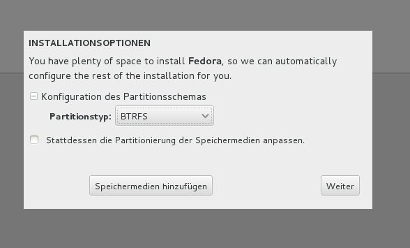 Warum die manuelle Partitionierung hinter einer Checkbox mit wenig aussagekräftigem Inhalt versteckt ist, bleibt unklar.