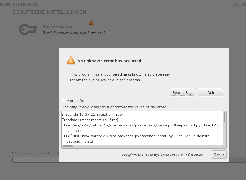 Leider ist der Installer weiterhin nicht ganz fehlerfrei, beginnt schon mal eine Partitionierung, die nicht genügend Platz für die Daten bietet.