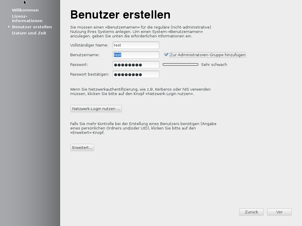 Beim ersten Neustart erfolgt die gewohnte Konfiguration.