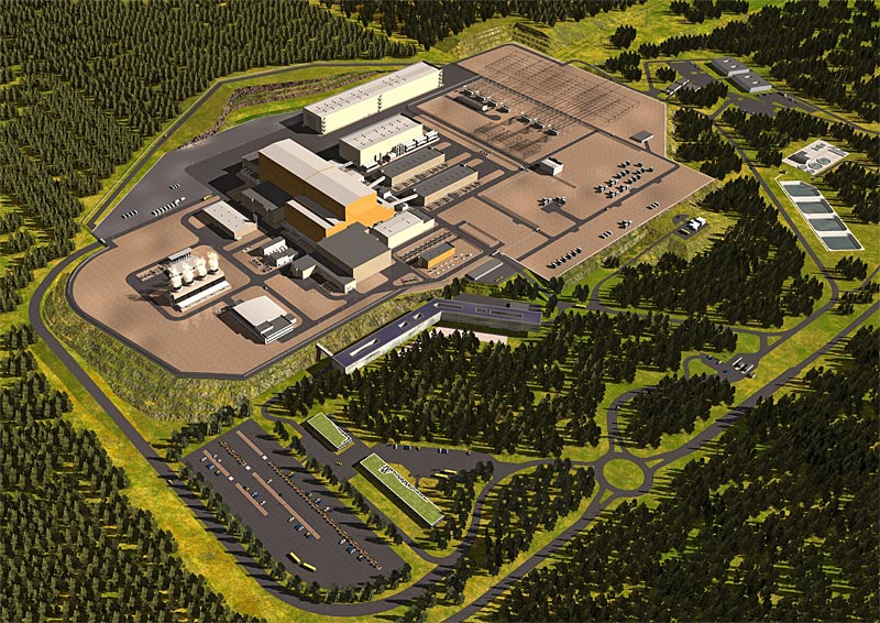 So etwa soll das Gelände des ITER-Reaktors in&nbsp;Cadarache in Südfrankreich nach der Fertigstellung des Projektes aussehen. Baubeginn war 2009, bisher wurden das Fundament gelegt und die schwingungsdämpfenden Sockel für die Bodenplatte fertig gestellt. Das orange Gebäude im Zentrum beherbergt den Tokamak-Reaktor.