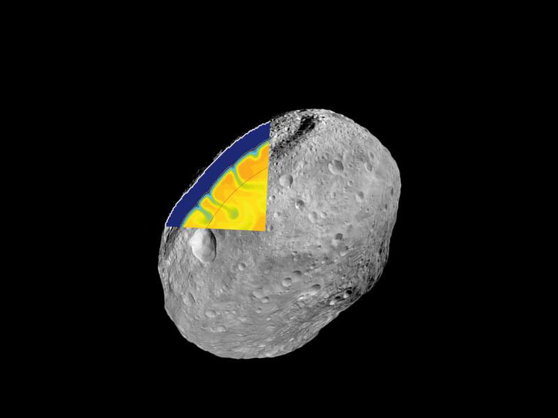 DAWN-Aufnahme des Asteroiden Vesta, ergänzt um einen hypothetischen Blick in das dynamische Innere eines vergleichbaren Asteroiden etwa 50 Millionen Jahre nach dessen Bildung.
