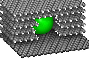 Tunnelbau im Nano-Maßstab: Ein Metallpartikel gräbt sich in die Graphitprobe. Tunnelbau im Nano-Maßstab: Ein Metallpartikel gräbt sich in die Graphitprobe.