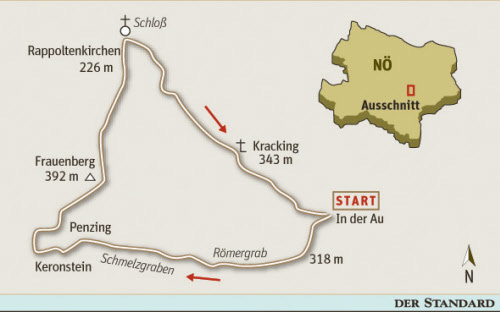Gesamtgehzeit knappe 4 Stunden, Höhendifferenz rund 300 m. Gasthaus
 in Rappoltenkirchen (wochentags, ausgenommen Dienstag, von 8 bis 22 
Uhr, an Sonn- und Feiertagen von 8 bis 15 Uhr geöffnet). ÖK25V Blatt 
5319-West (Tulln an der Donau), Maßstab 1:25.000; Freytag &amp; Berndt 
Wienerwaldatlas, Maßstab 1:50.000