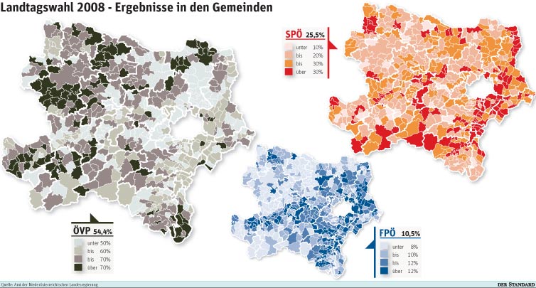 Rund um Wien liegt eine Vielzahl der Gemeinden, in denen Rote, Blaue und die Grünen ihre besten Ergebnisse einfahren konnten. 